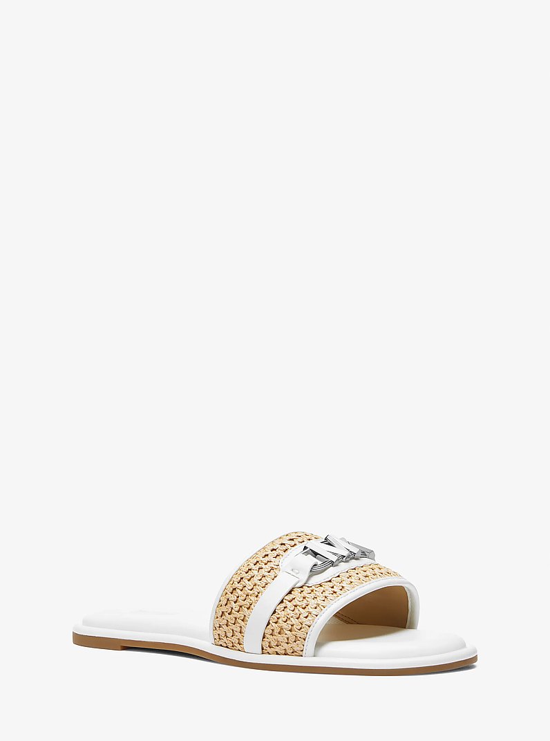 Ember Embellished Straw Slide Sandal in NAT/OPTICWHT | Michael Kors