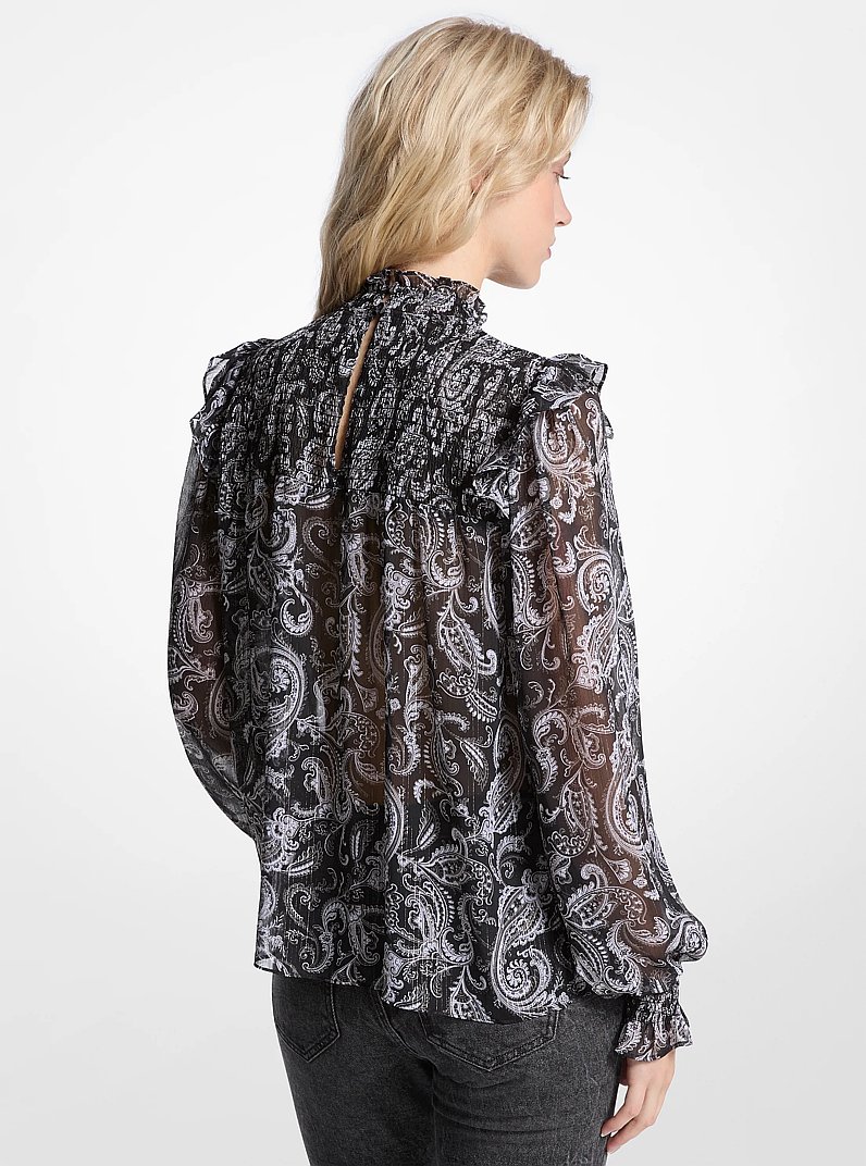 Metallic Paisley Print Georgette Blouse in GUNMETAL | Michael Kors
