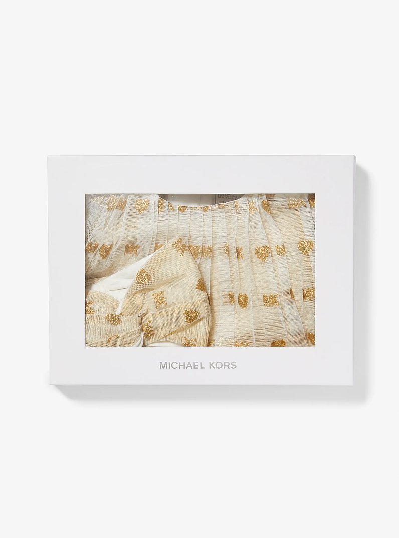 Embellished Logo Tulle Dress and Headband Baby Set in OFF WHITE | Michael Kors