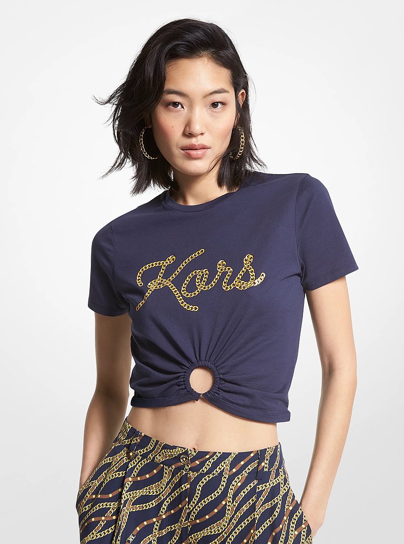 Camiseta corta de algod&oacute;n org&aacute;nico con estampado de logo y aro in MIDNIGHTBLUE | Michael Kors