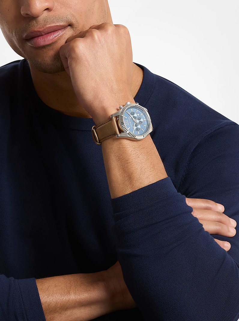 Oversized Lexington Silver-Tone and Leather Watch in HUSK | Michael Kors