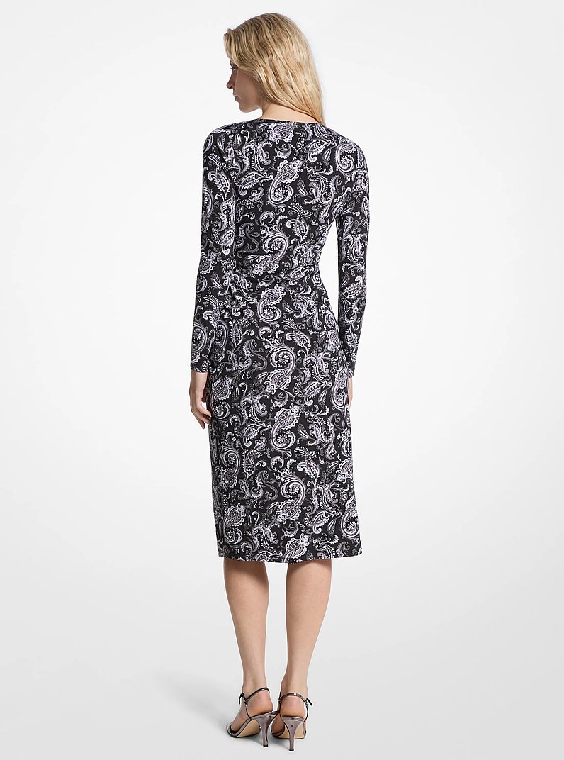Paisley Print Matte Jersey Ruched Dress in GUNMETAL | Michael Kors
