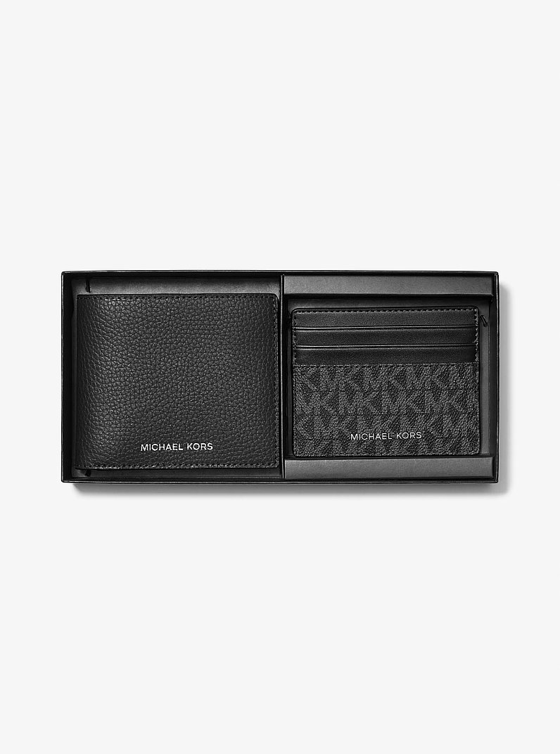 Pebbled Leather Billfold Wallet and Signature Logo Card Case Gift Set in BLACK | Michael Kors