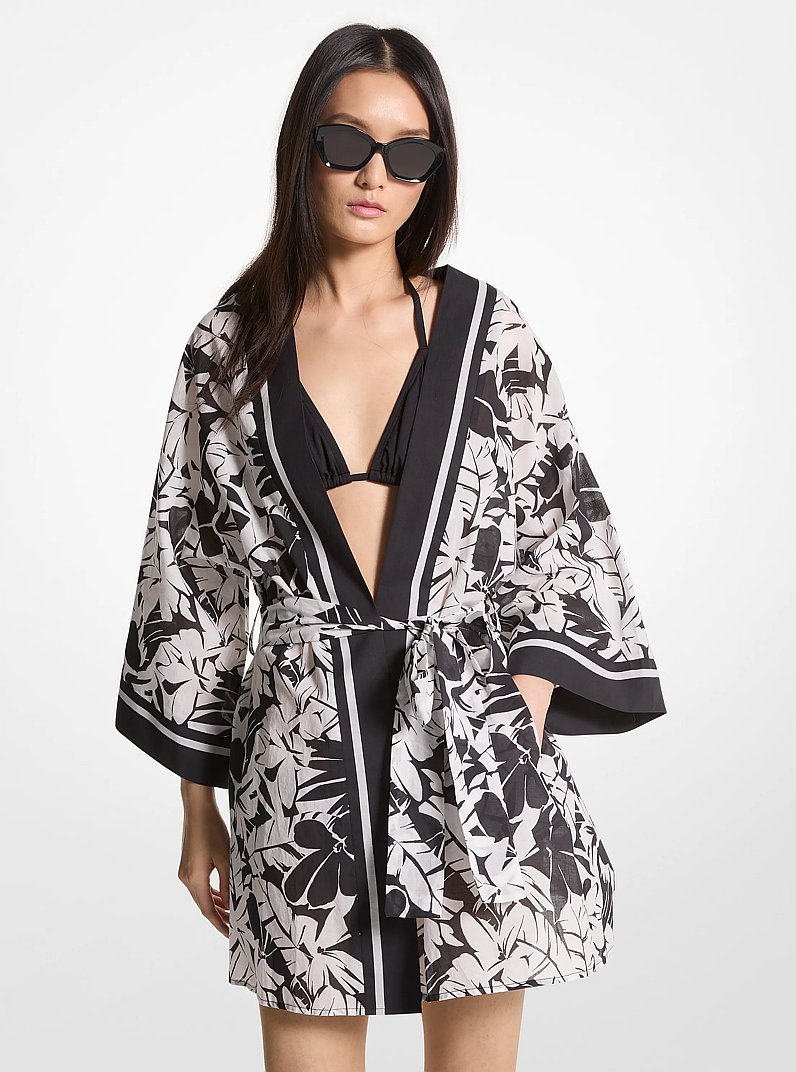 Palm Print Cotton Cover-Up in BLACK/WHITE | Michael Kors