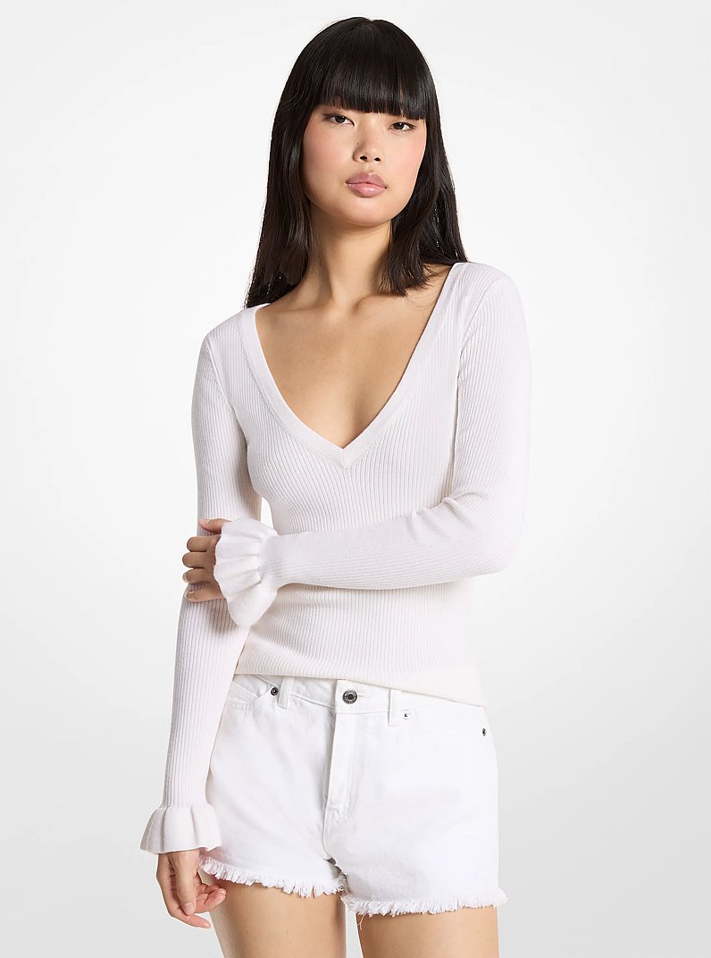 Ribbed Wool Blend V-Neck Sweater in WHITE | Michael Kors