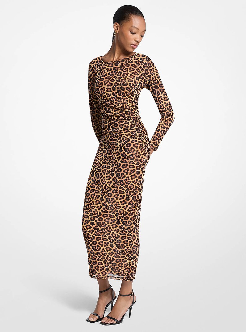 Robe mi-longue en maille de nylon &agrave; imprim&eacute; l&eacute;opard in CARAMEL &Eacute;COSSAIS | Michael Kors