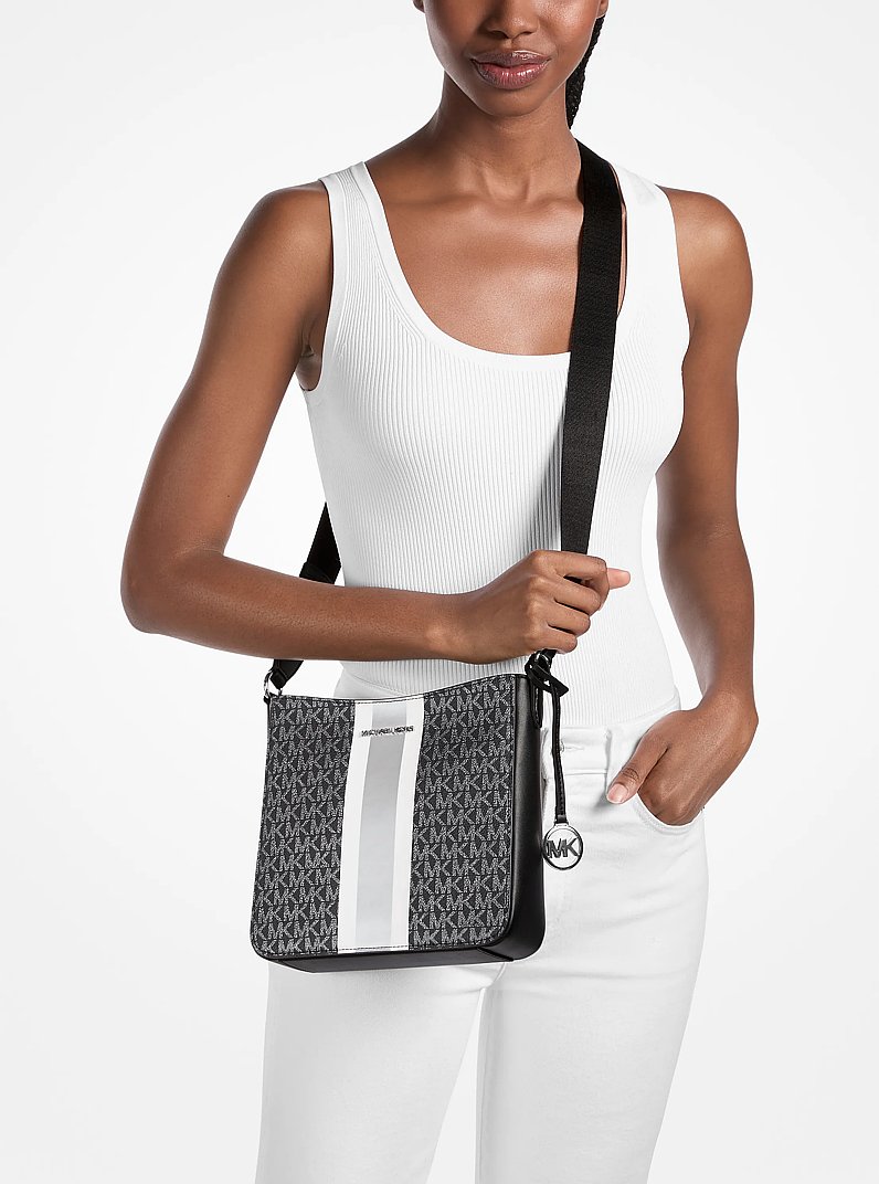 Jet Set Small Signature Logo Stripe Crossbody Bag in BLACK | Michael Kors
