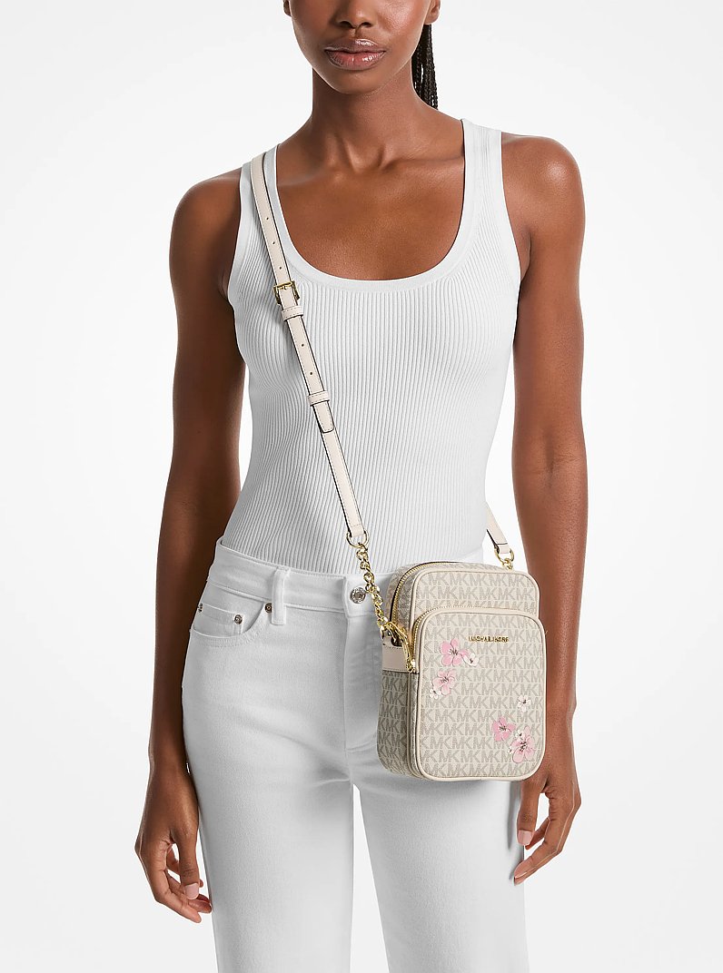 Jet Set Travel Medium Floral Embellished Signature Logo Crossbody Bag in LT CRM MULTI | Michael Kors