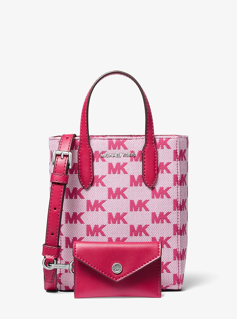 Vincent Extra-Small Logo Jacquard Convertible Tote Bag With Card Case in DK RASPBERRY | Michael Kors