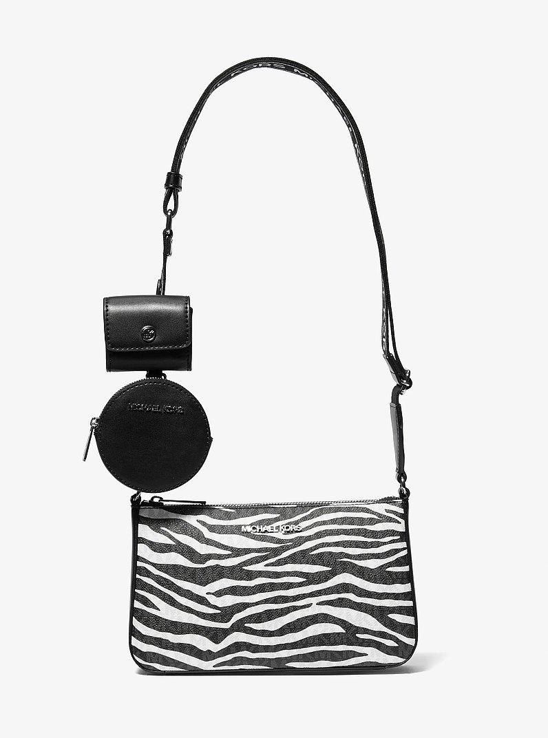 Bolso cruzado Jet Set mediano de cuero en animal print con logotipo con funda para Apple AirPods Pro&reg; in NEGRO | Michael Kors