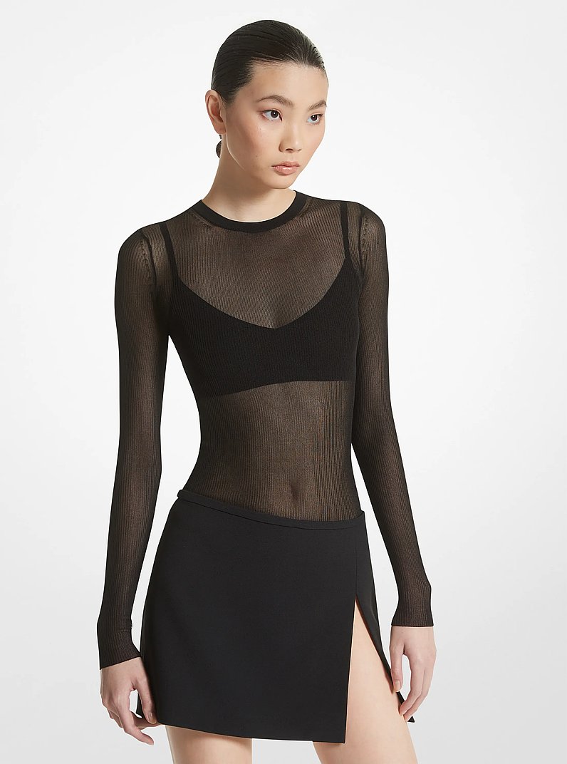 Ribbed Sheer Viscose Blend Sweater and Bra Top in BLACK | Michael Kors