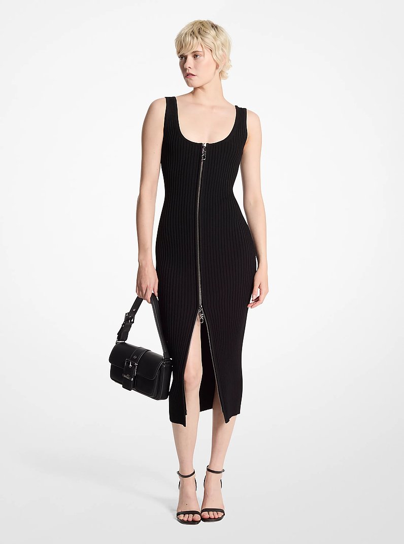 Ribbed Stretch Knit Zip Dress in BLACK | Michael Kors