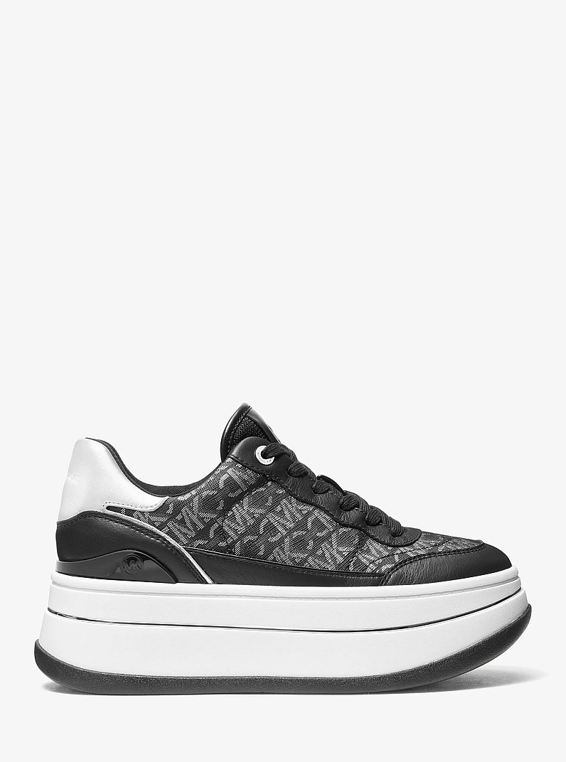 Hayes Metallic Empire Monogram and Leather Trainer in BLACK/SILVER | Michael Kors