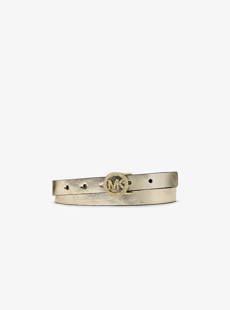 Metallic Leather Pav&eacute; Logo Belt in GOLD | Michael Kors