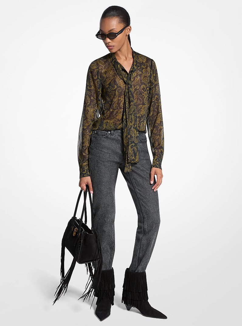 Metallic Paisley Print Tie-Front Georgette Blouse in IVY | Michael Kors