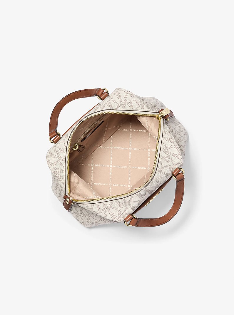 Beck Small Signature Logo Satchel in VANILLA/LUGGAGE | Michael Kors