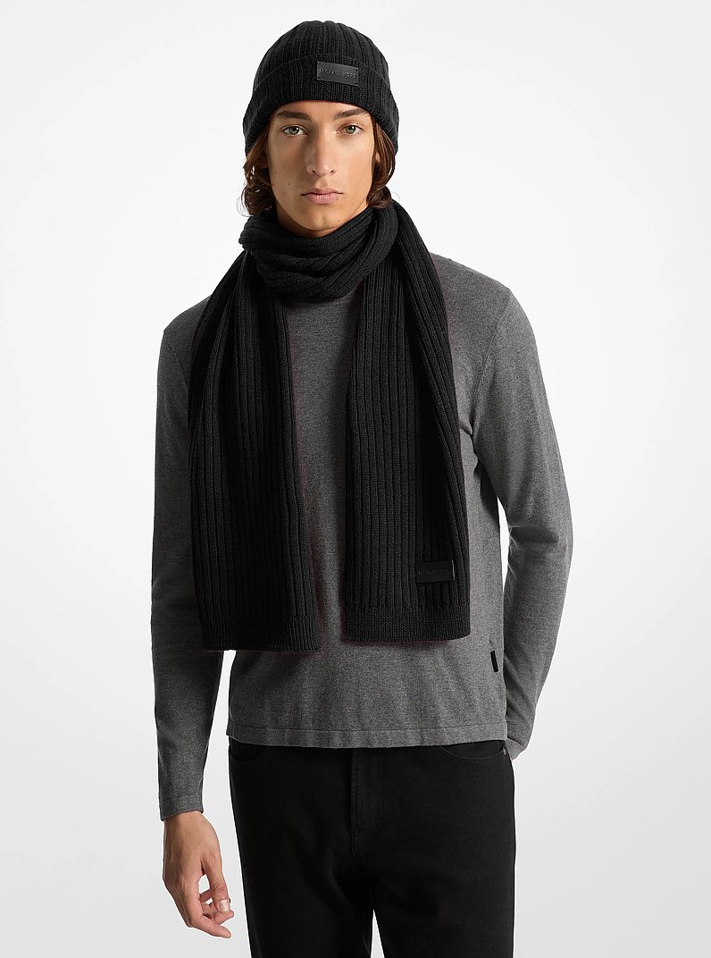 Ribbed Knit Beanie Hat and Scarf Set in BLACK | Michael Kors