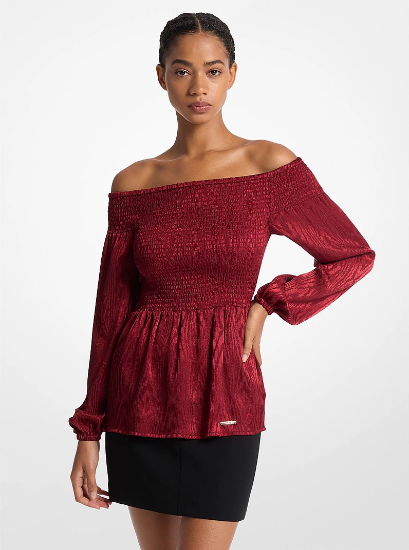 Smocked Moir&eacute; Jacquard Off-The-Shoulder Top in DARK BRANDY | Michael Kors