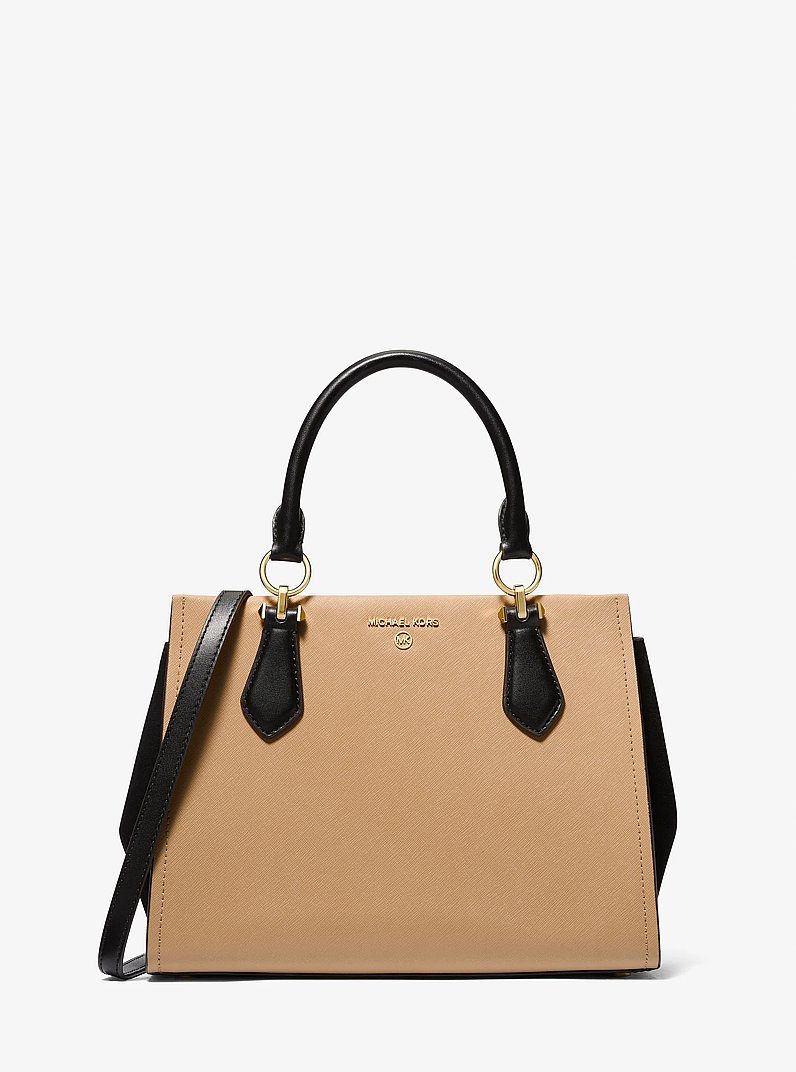 Marilyn Medium Two-Tone Saffiano Leather Satchel in BLACK/CAMEL | Michael Kors