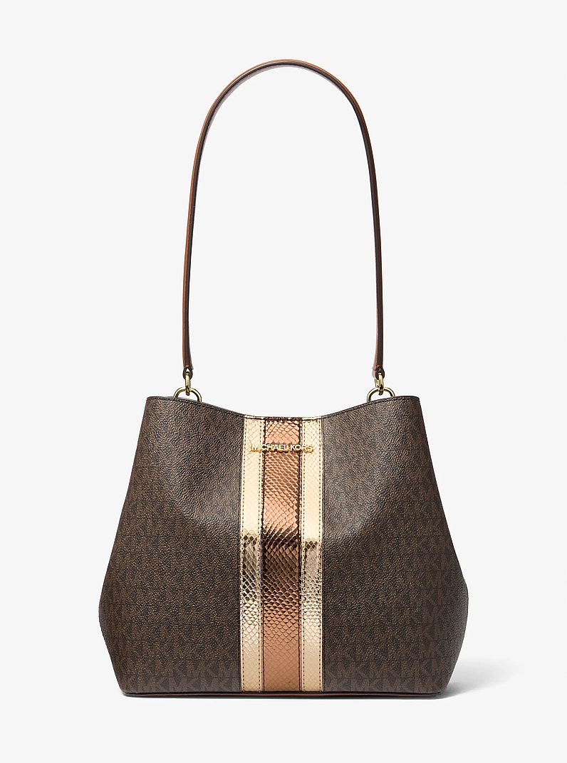 Pratt Medium Signature Logo and Metallic Shoulder Bag in BROWN