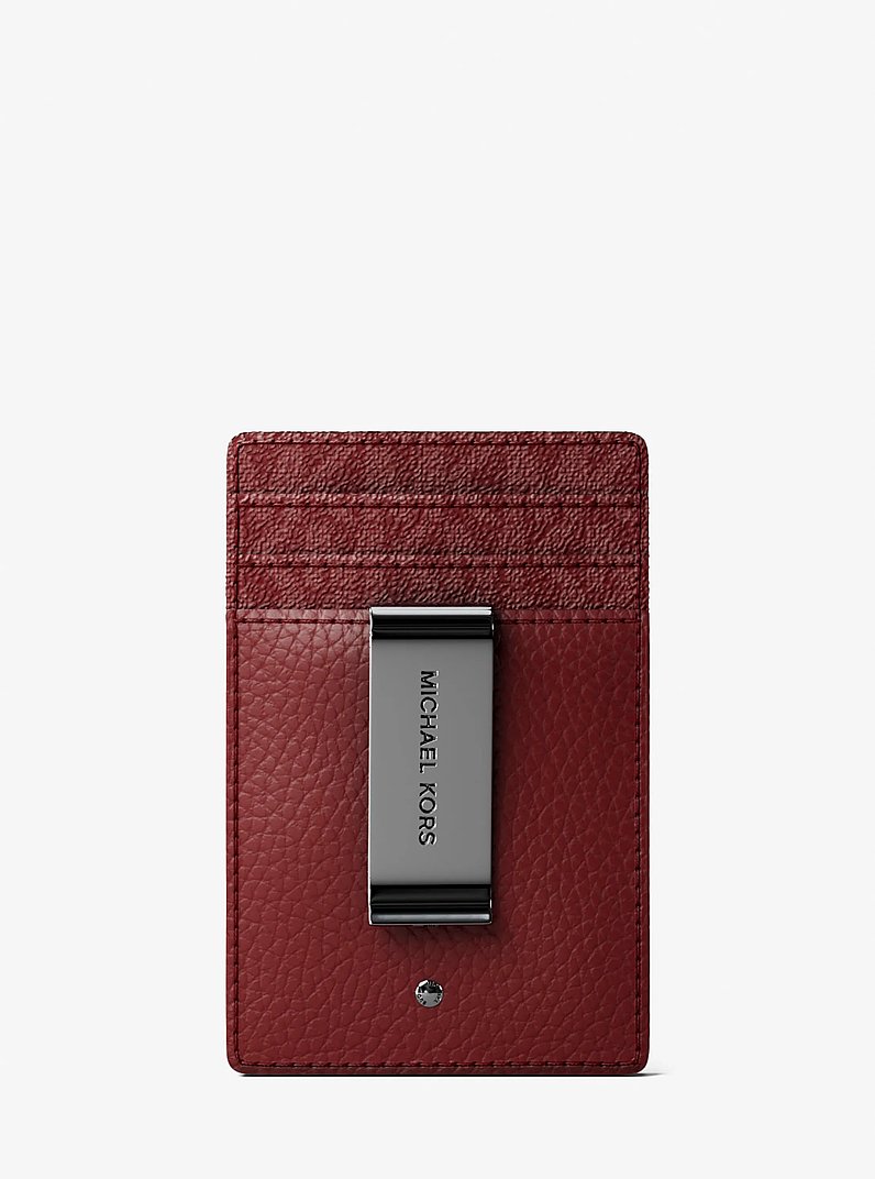 Hudson Pebbled Leather and Signature Logo Money Clip Card Case in DEEP RED | Michael Kors