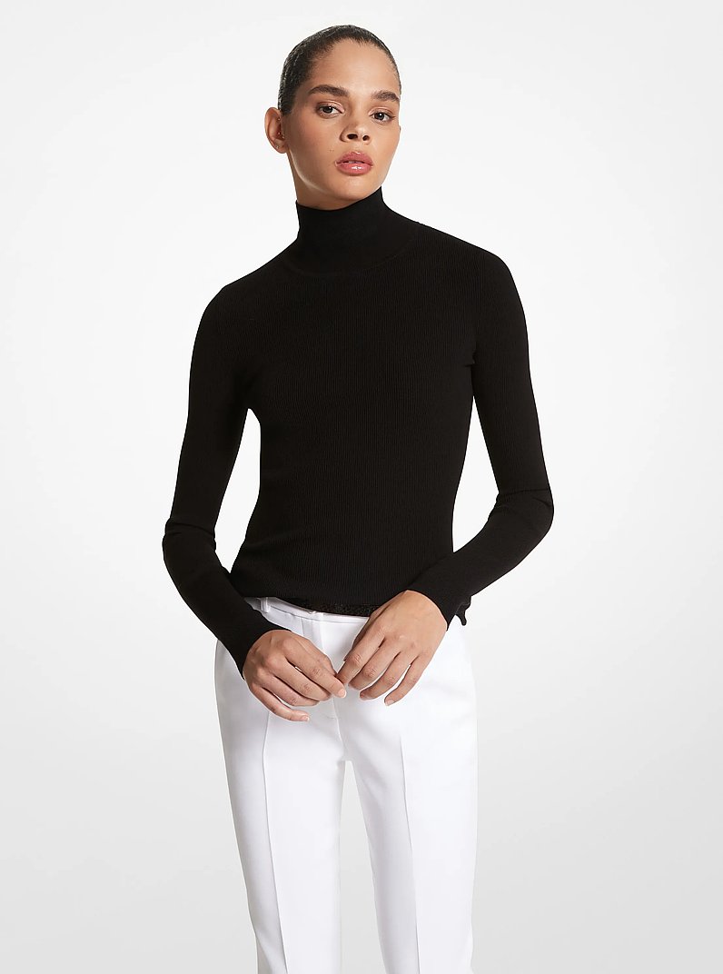 Ribbed Stretch Viscose Turtleneck Sweater in BLACK | Michael Kors