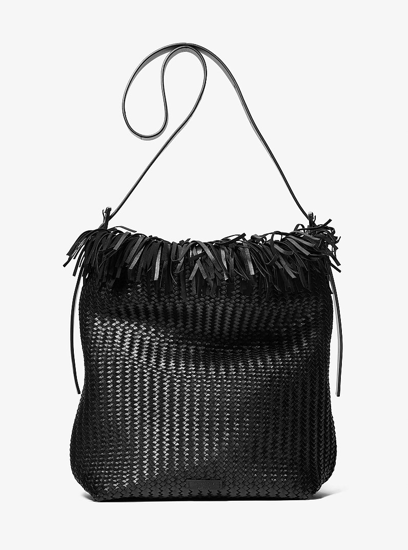 Kiera Hand-Woven Leather Hobo Bag in BLACK | Michael Kors