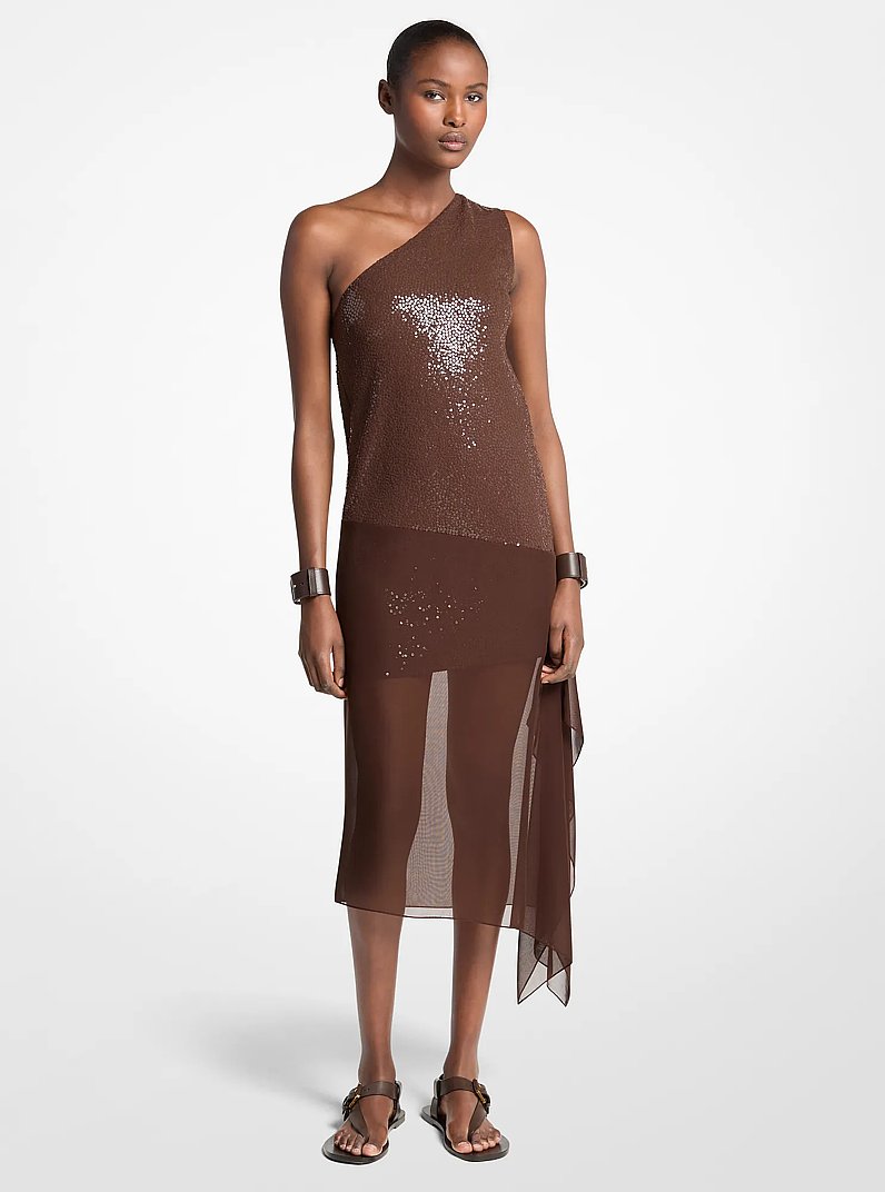 Hand-Embellished Sequin Stretch Wool Crepe Veiled Dress in ESPRESSO | Michael Kors