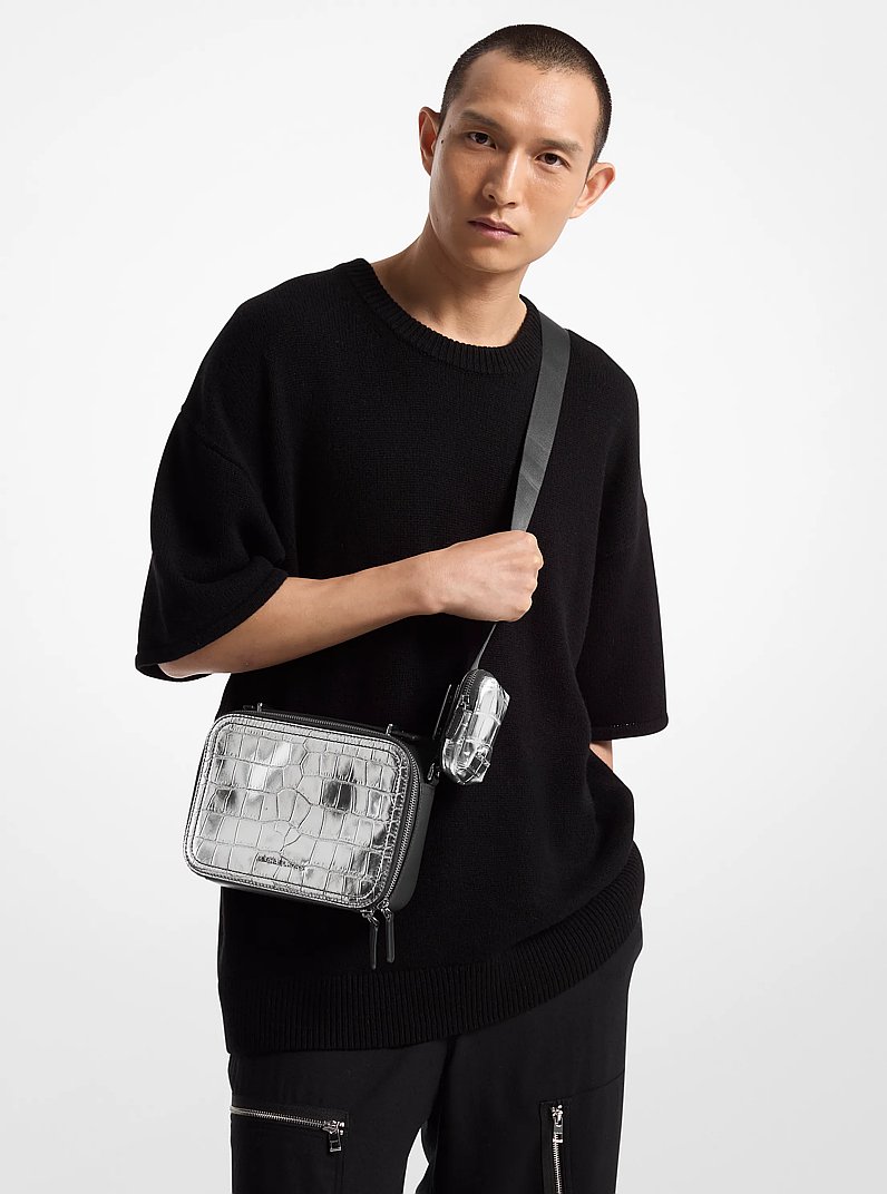 Hudson Metallic Crocodile Embossed Leather Crossbody Bag in SILVER | Michael Kors