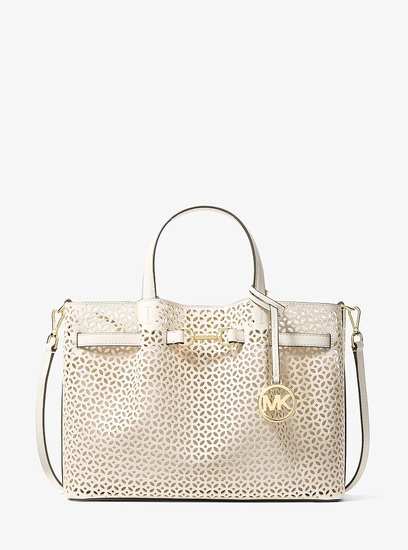Carson Medium Floral Laser Cut Satchel in LT CREAM | Michael Kors