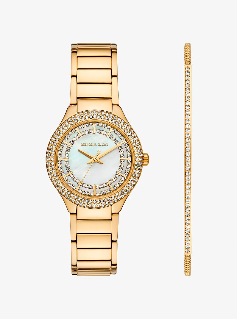 Set de regalo de reloj y pulsera Mini Sylvia con incrustaciones en tono dorado in DORADO | Michael Kors