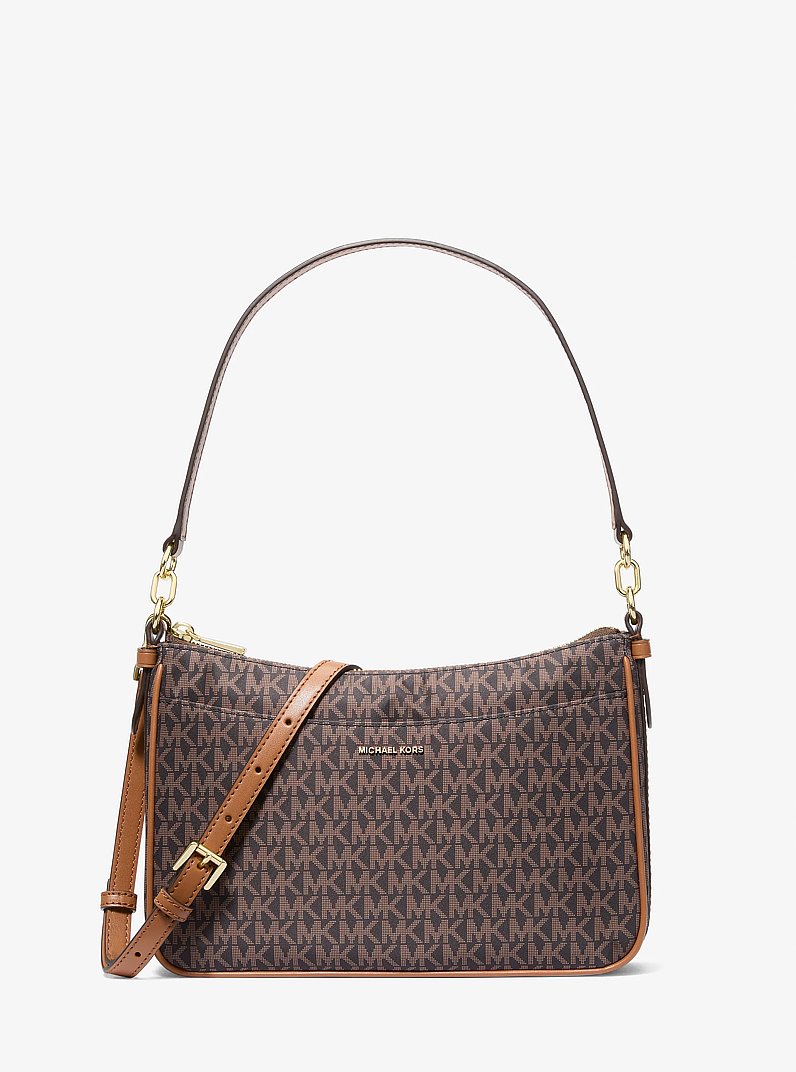 Jet Set Medium Signature Logo Print Woven Convertible Pochette in BRN/ACORN | Michael Kors