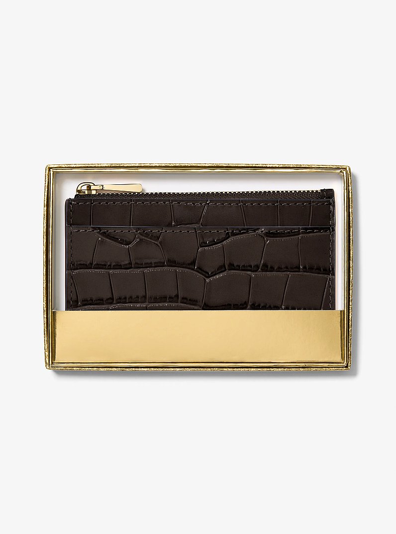 Jet Set Small Crocodile Embossed Leather Card Case in CHOCOLATE | Michael Kors