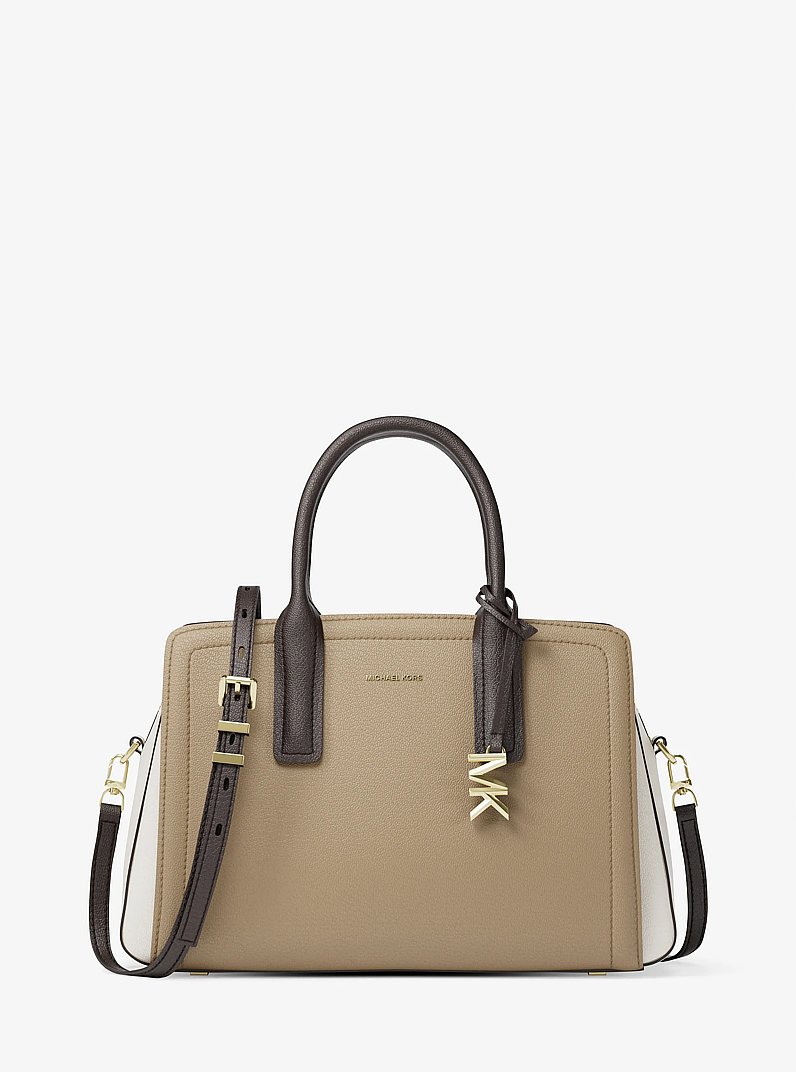 Laila Medium Color-Block Pebbled Leather Satchel in HUSK MULTI | Michael Kors