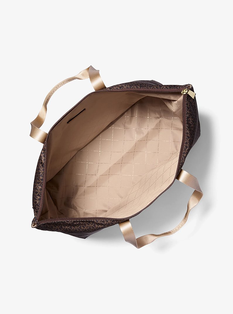 Jet Set Travel Large Signature Logo Print Woven Tote Bag in BRN/ACORN | Michael Kors