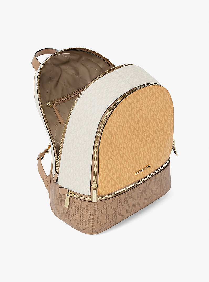 Rhea Medium Color-Block Signature Logo Backpack in HONEYWHEAT MULTI | Michael Kors