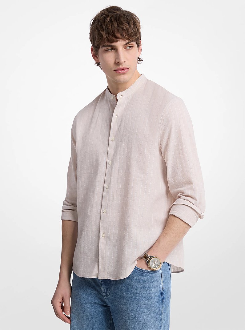 Linen and Cotton Blend Striped Shirt in DUNE | Michael Kors