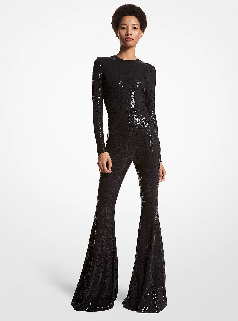 Hand-Embroidered Sequin Stretch Jersey Flared Jumpsuit in BLACK | Michael Kors