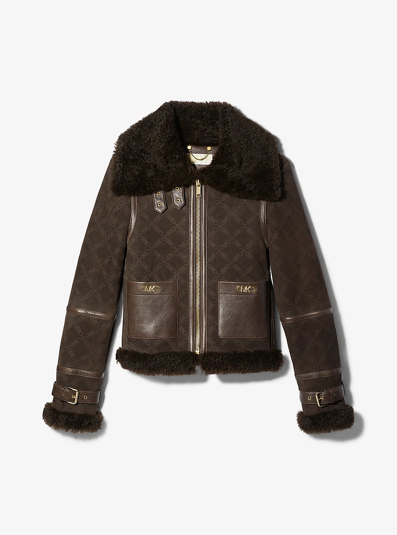 Empire Logo Embossed Suede and Shearling Flight Jacket in