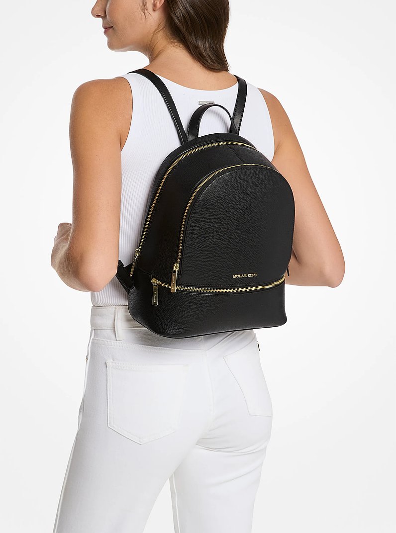 Rhea Medium Pebbled Leather Backpack in BLACK | Michael Kors