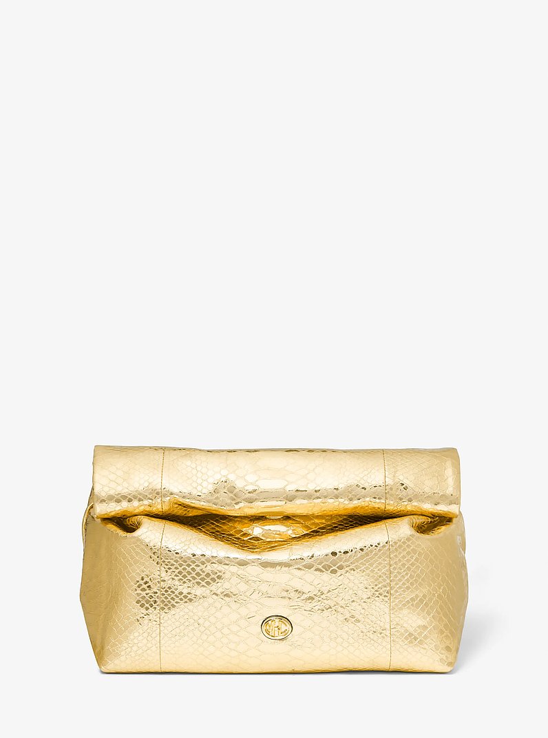 Monogramme Medium Metallic Python Embossed Leather Lunch Box Clutch in GOLD | Michael Kors