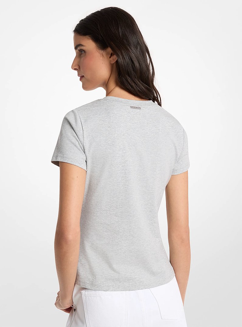 Embellished Logo Stretch Cotton Jersey T-Shirt in PEARL GREY | Michael Kors