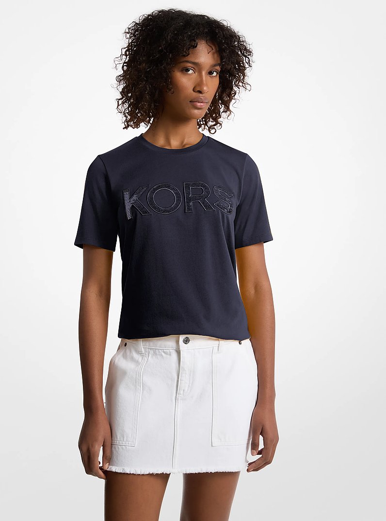 Sequined Logo Cotton T-Shirt in MIDNIGHTBLUE | Michael Kors