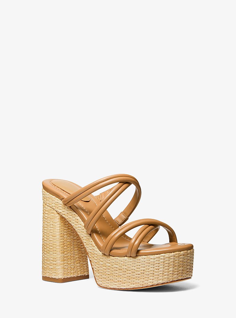 Corrine Leather and Straw Platform Sandal in PALE PEANUT | Michael Kors