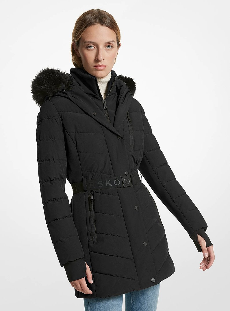 Faux Fur Trim Quilted Puffer Coat in BLACK | Michael Kors