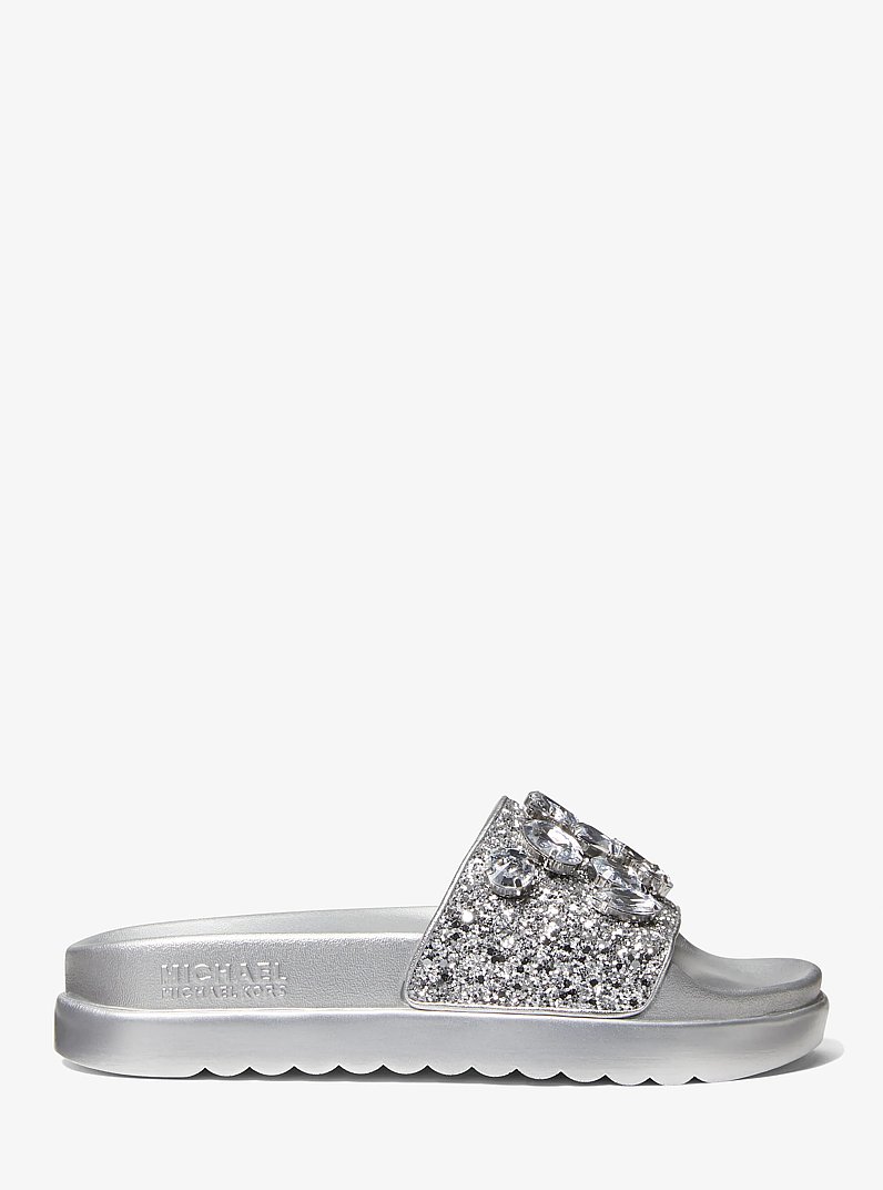 Tyra Jewel Embellished Glitter Slide Sandal in SILVER | Michael Kors