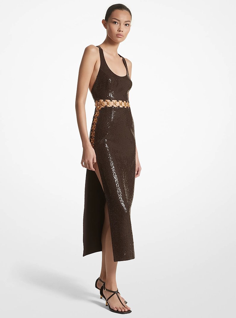 Hand-Embroidered Sequin Double Crepe Sabl&eacute; Ring Dress in CHOCOLATE | Michael Kors