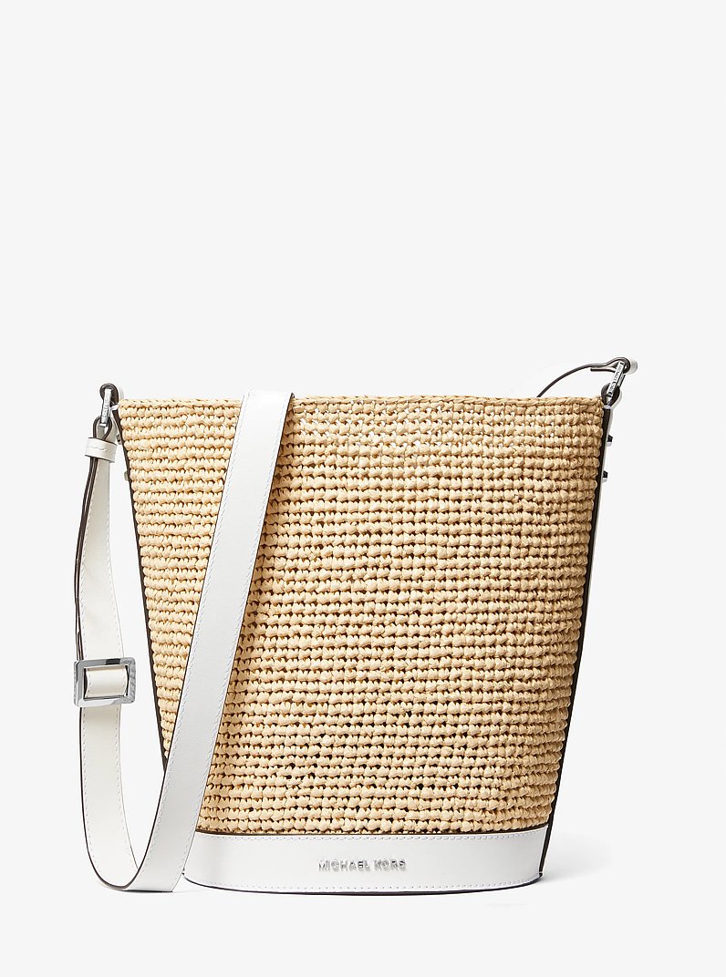 Townsend Medium Straw Bucket Messenger in NAT/OPTICWHT | Michael Kors