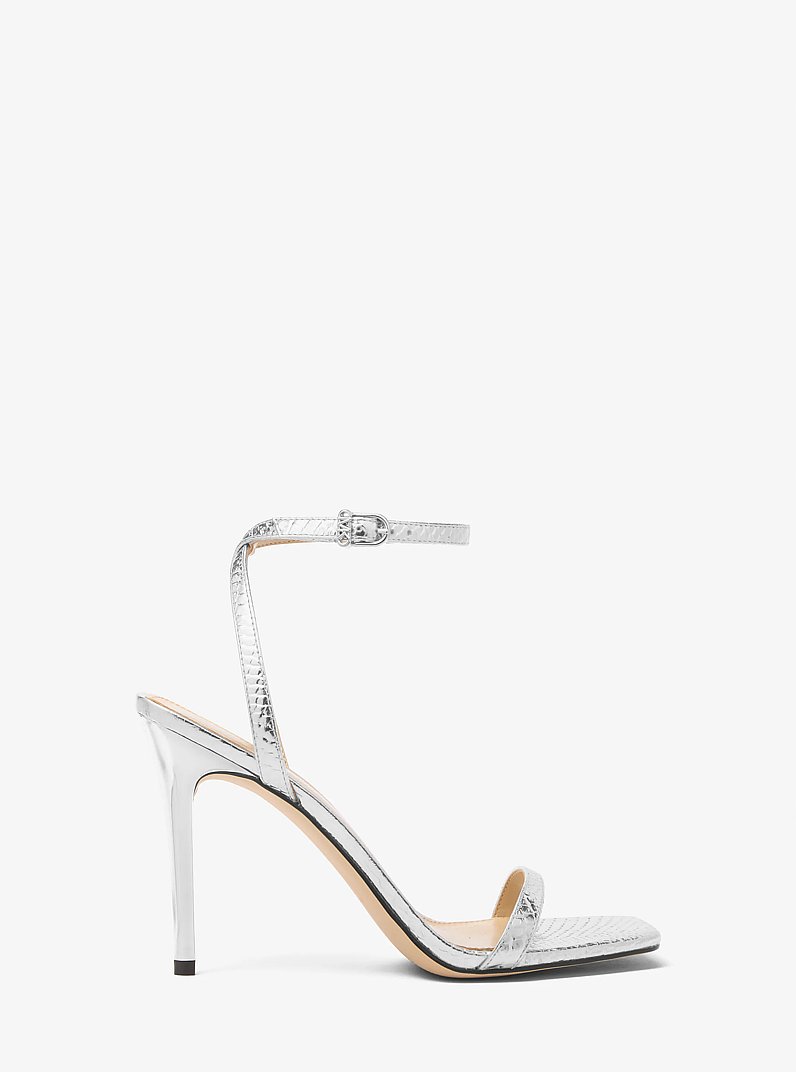 Liana Metallic Snake Embossed Leather Sandal in SILVER | Michael Kors