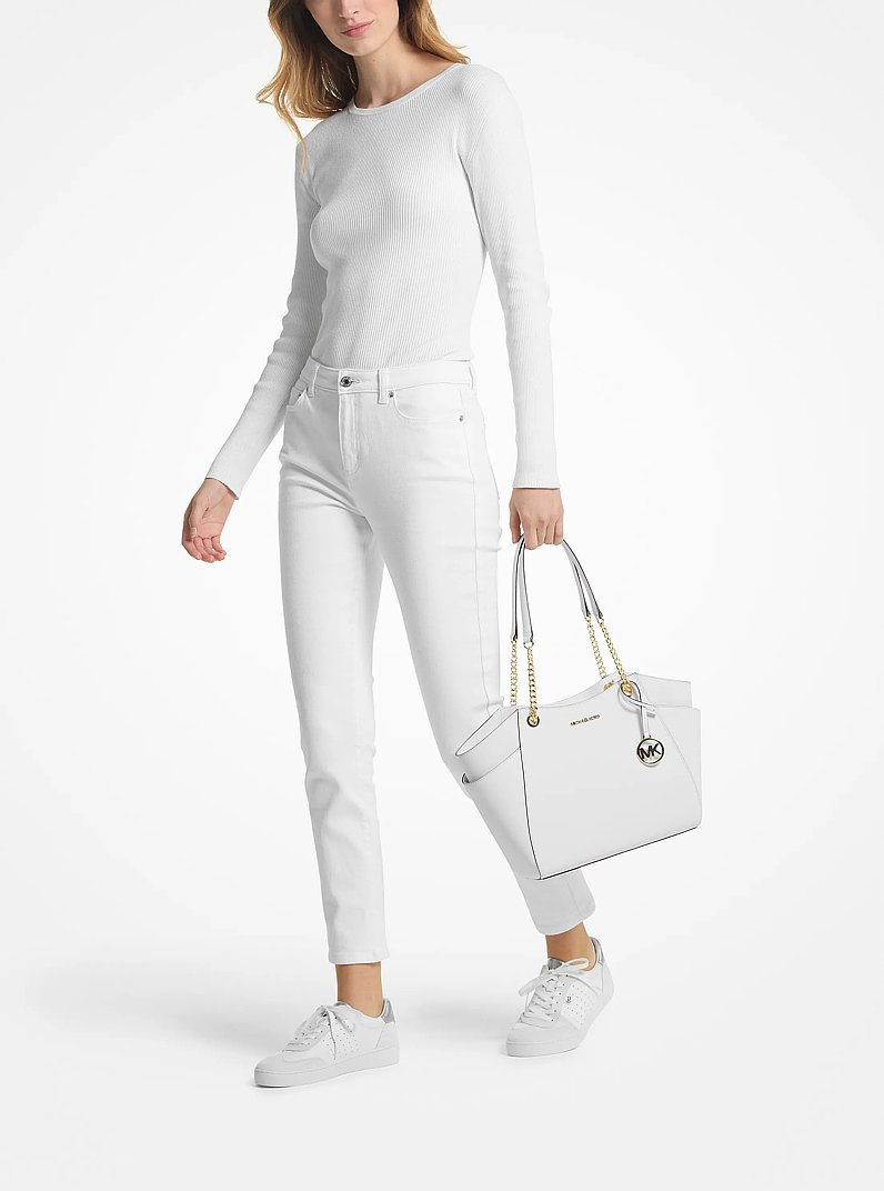 Jet Set Large Saffiano Leather Shoulder Bag in OPTIC WHITE - Sale